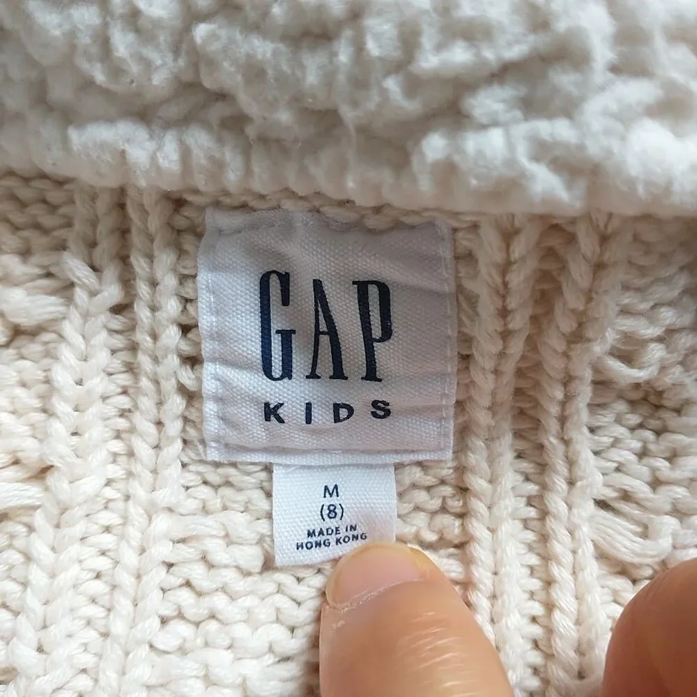 Gap Kids Sweater Boys M/8 Cream Cable Knit Chunky Sherpa Collar CottonFisherman